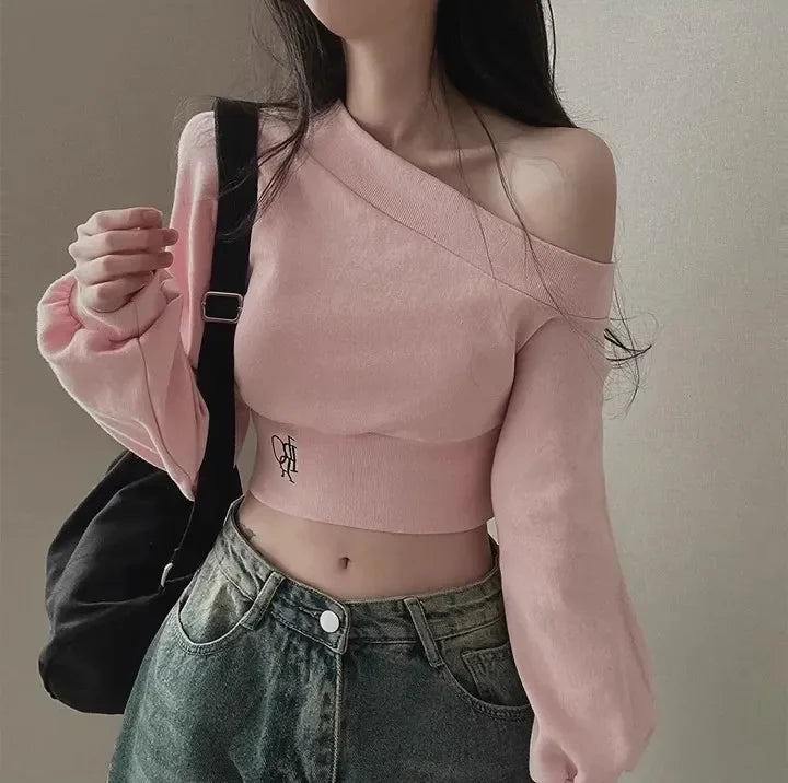 Women's Off-the-shoulder Sweatshirt™ Cropped Top Embroidery Loose-fit Windy Sweatshirt