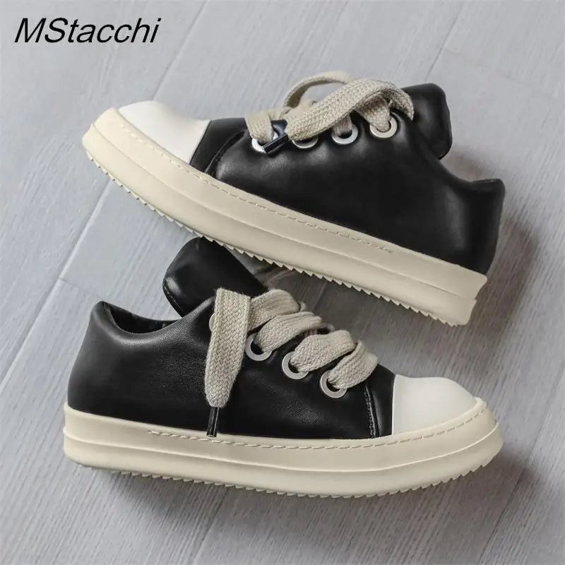 Women's Platform Sneakers™ Black Leather Zipper Lace Up Casual Shoes