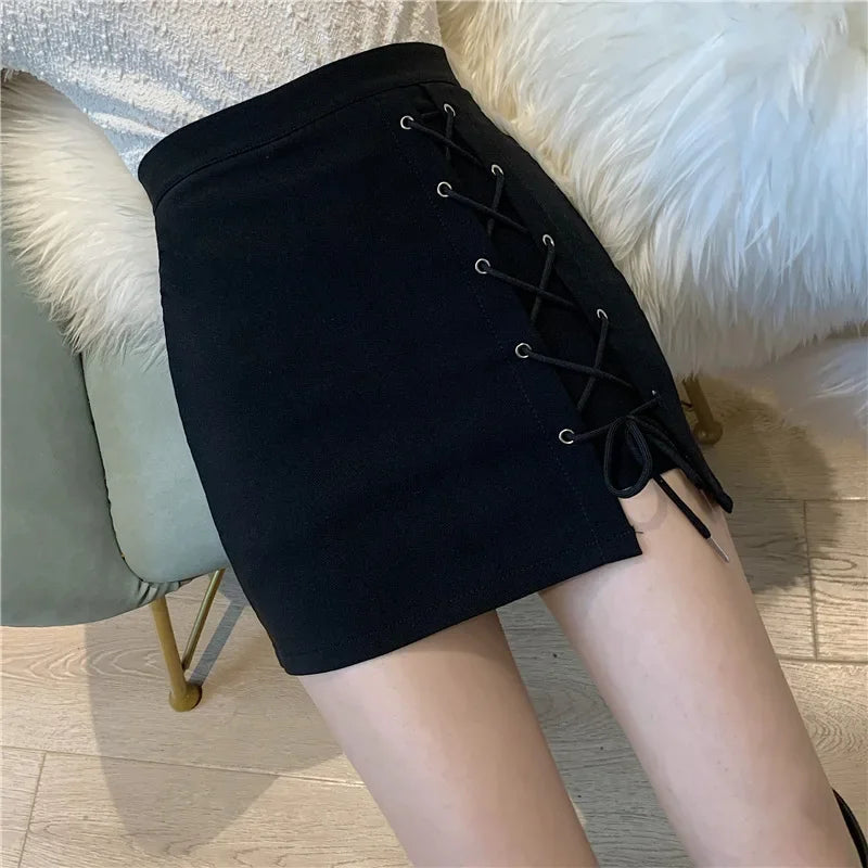 Women's Shorts Skirts™ High-waisted Slimming A- line Black Cross-body Tied Irregular Short Skirt