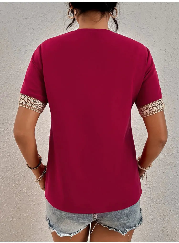 Women's Short Sleeve T-Shirt™ Summer Slim Fit Pullover Basic Tees V Neck Lace Tops Y2k Clothes
