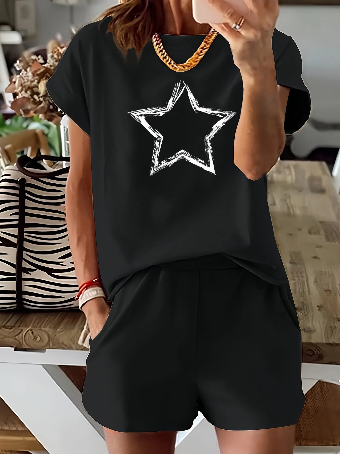 Women's Summer pattern printed shirt & shorts set™ loose round neck short sleeved T-shirt shorts two-piece set