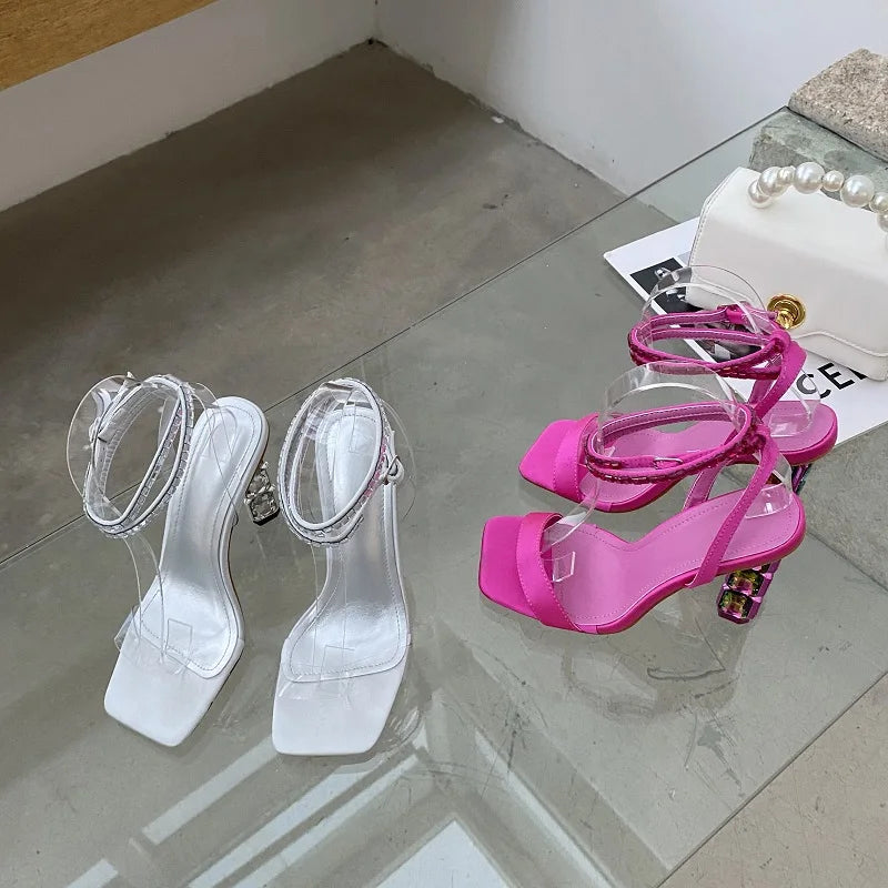 Women's Sparkly Stacked Crystal Heel Sandals™ Thin Embellished Ankle Straps High Heels