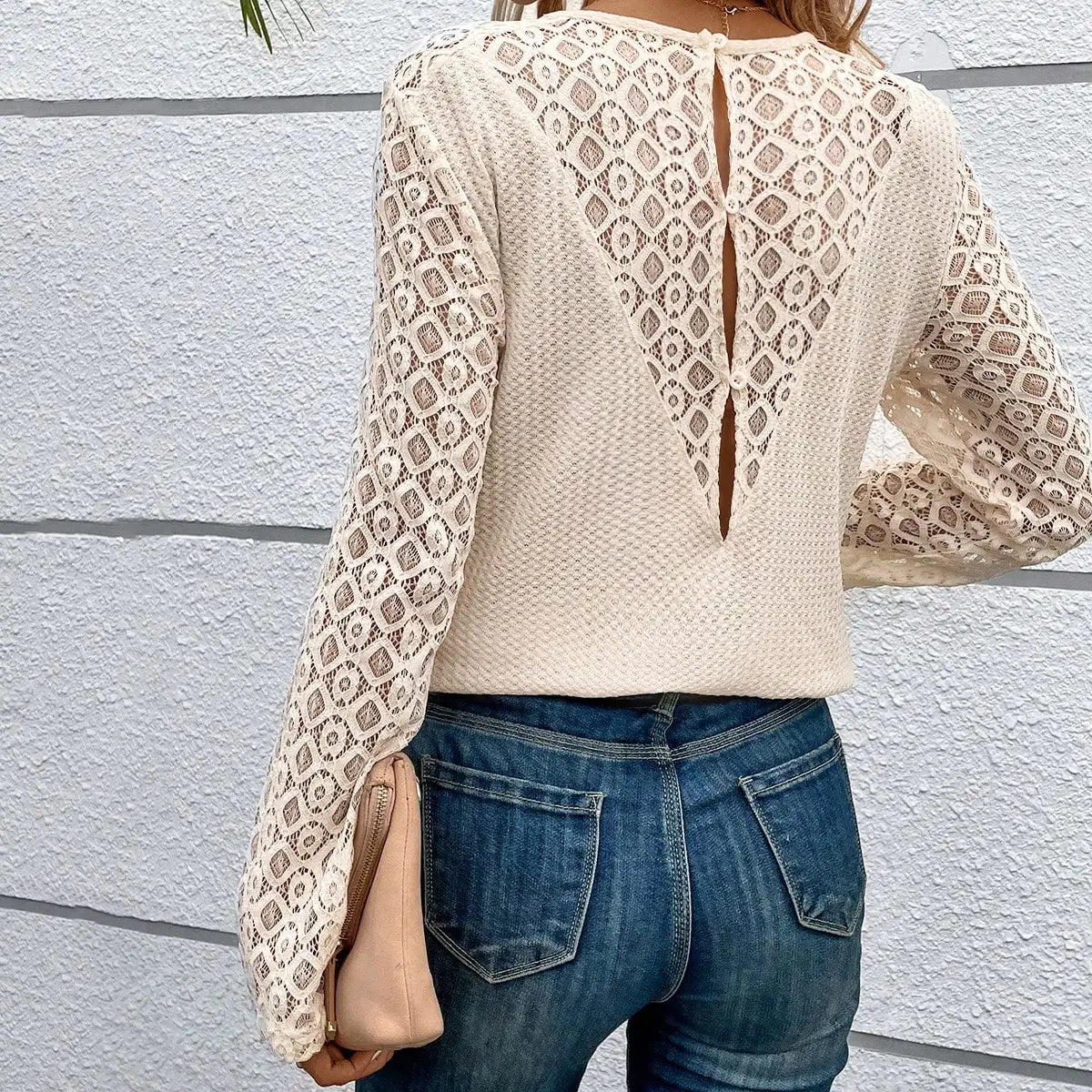 Women's T-Shirt™ Solid Color Design Sense Lace Stitching Long Sleeve Round Neck Casual T-shirt