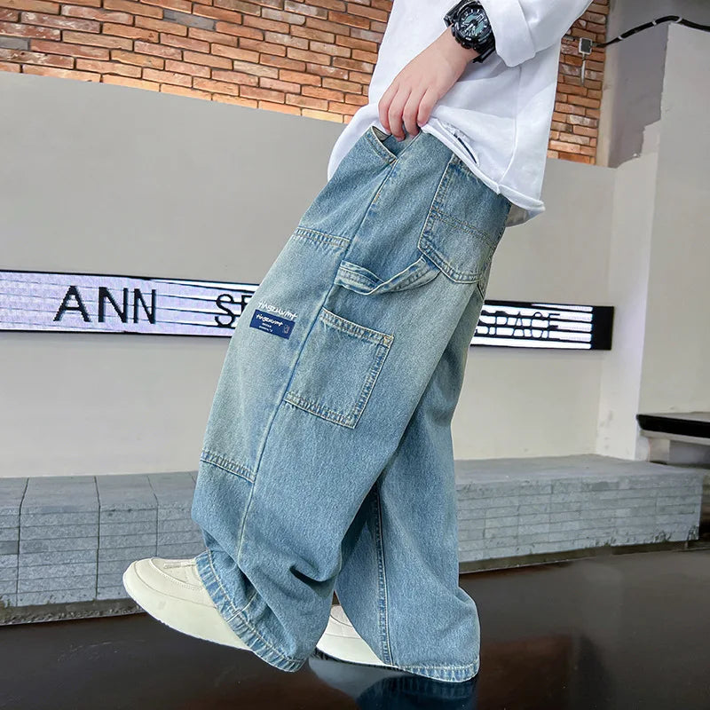 Boys Cargo Jeans™ Teenage Wide Leg Denim Loose Pockets Pants