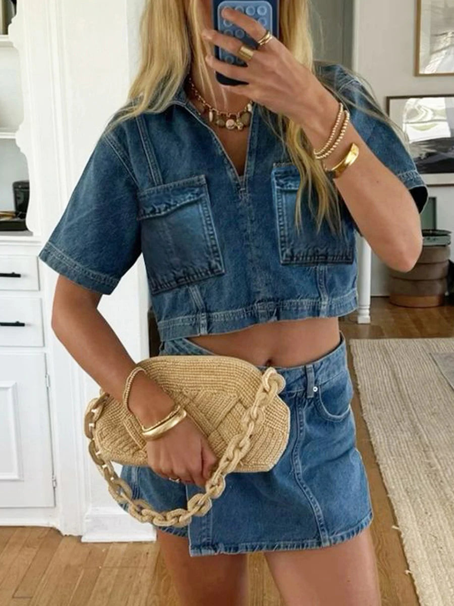 Women's Denim 2 Piece Set™ Short Sleeve Jean Tunic Tops Irregular Hem Mini Skirt Shorts Set