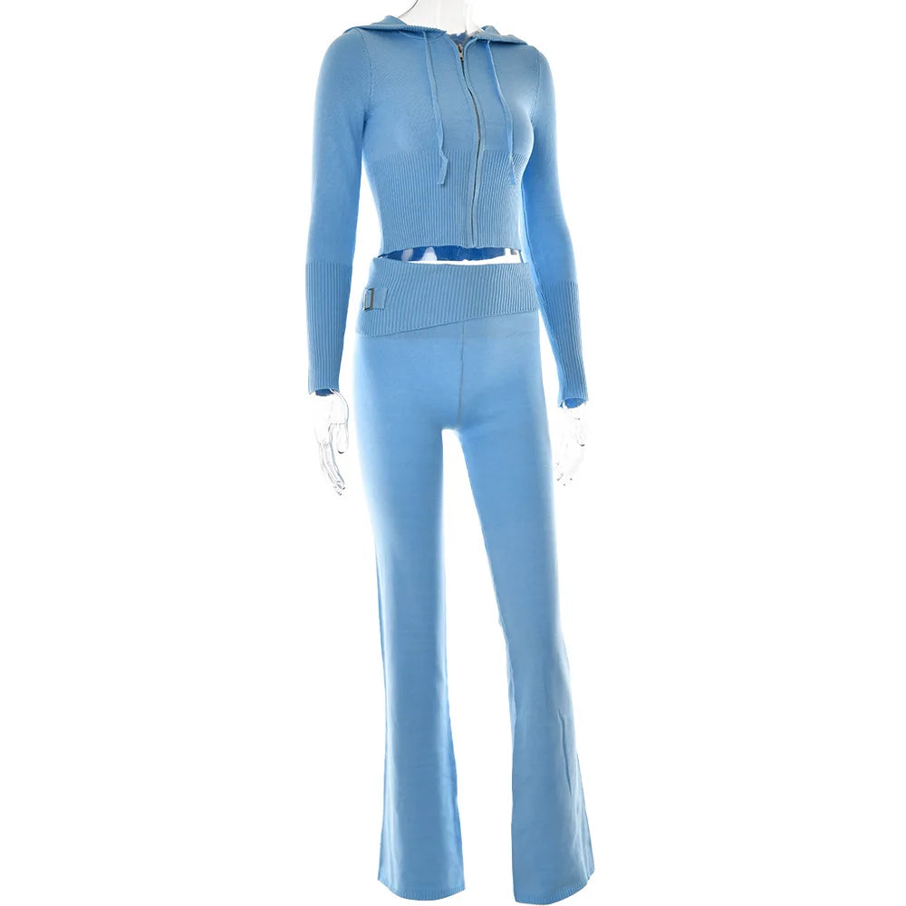 Women's Knitted Tracksuit™ Long Sleeve Zipper Hooded Sweater Crop Top Flare Pants Stretch Matching Suit Outfit