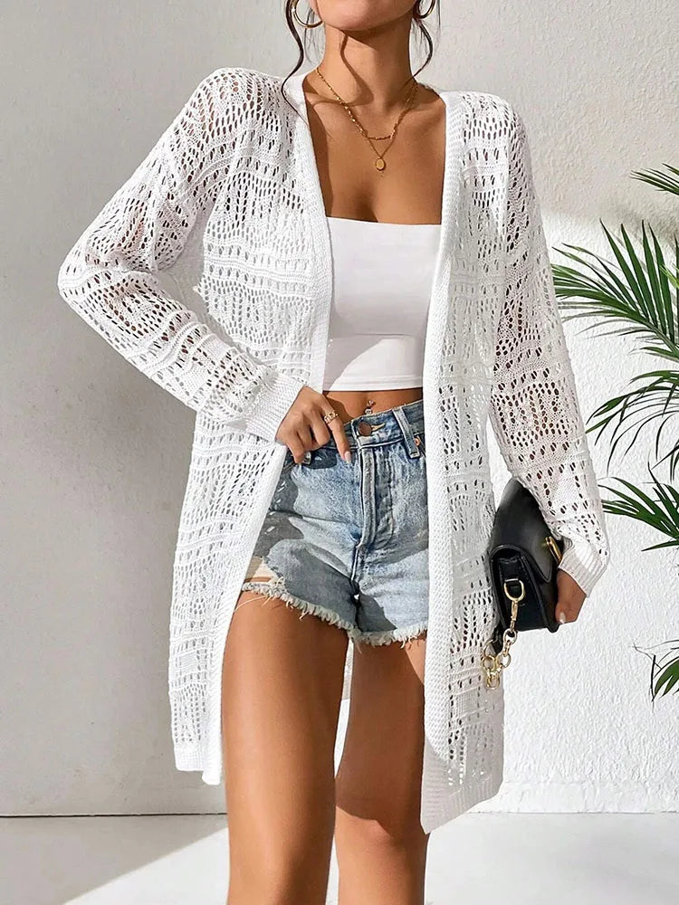 Women's solid color knitted cardigan sweater™ loose fitting fashion mid length cardigan