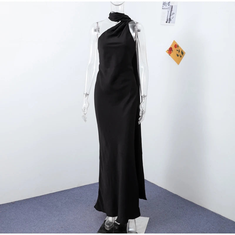 Women's Solid Ribbon Halter Dress™ Off Shoulder Sleeveless Backless Slim Maxi Dresses