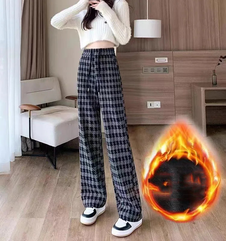 ITOOLIN Women's Plaid Tweed Pants™ Thicken Velvet Warm Wide Leg High Waist Pants