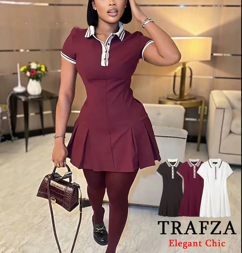 TRAFZA-Women's Burgundy Dress™ Contrasting Ribbed Lapel Buttons Classic Campus Dress