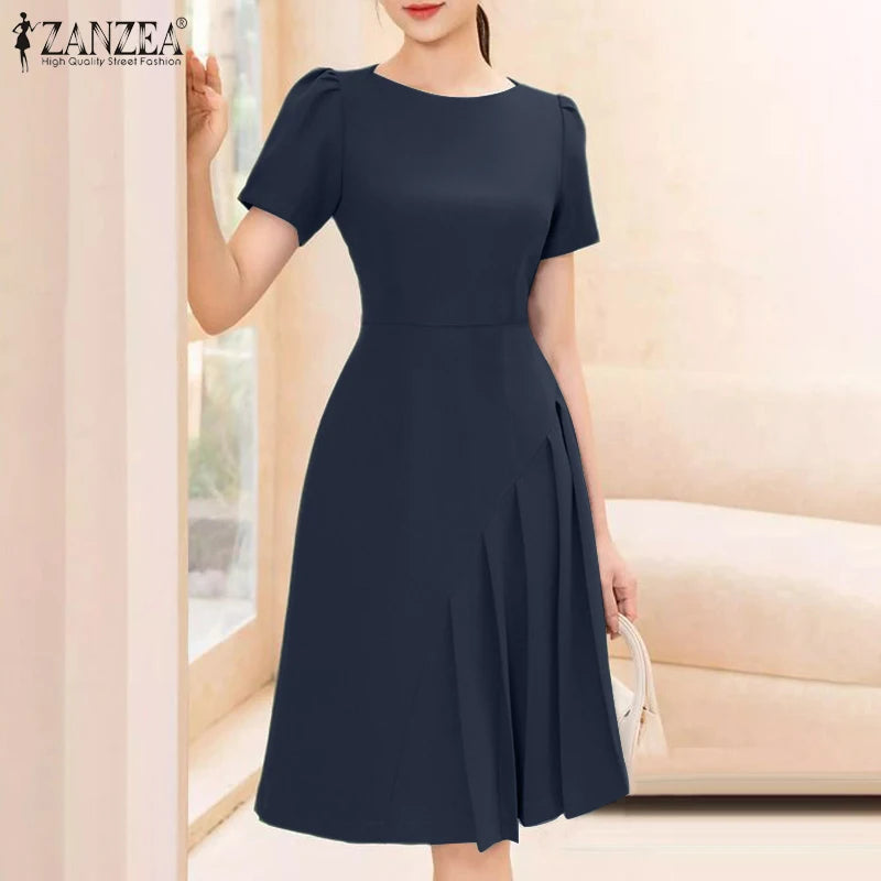 Women's ZANZEA Summer Elegant OL Work Dress™ Short Sleeve A Line Solid Pleated Dresses
