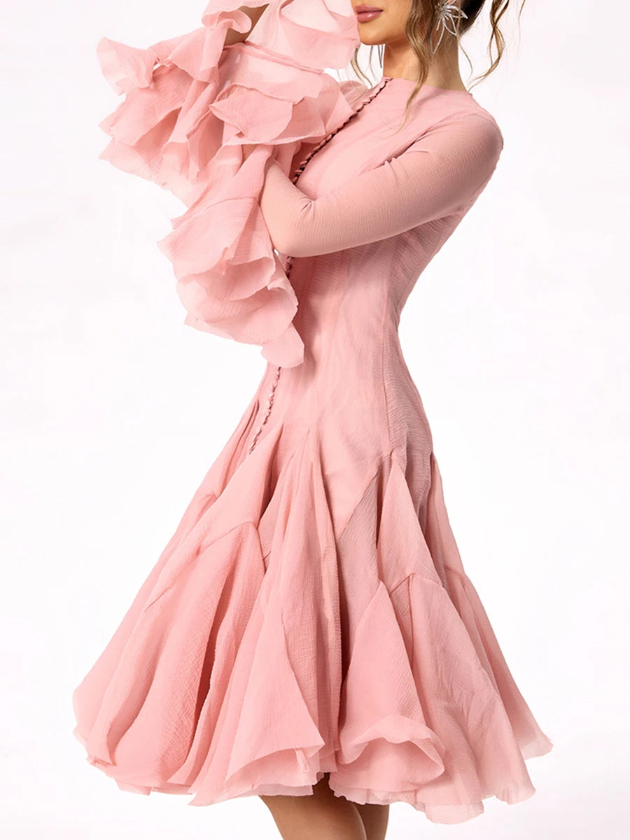 Women's Dress™ VGH Sweet Ruffles Elegant Knee Length Round Neck Flare Sleeve High Waist Spliced Button Dress