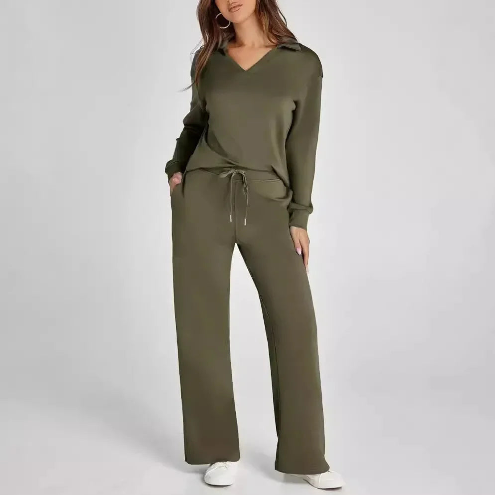 Women's 2 Piece Set™ Loose Long Sleeve V-Neck Top with Drawstring Elastic Waist Bell BottomsSet