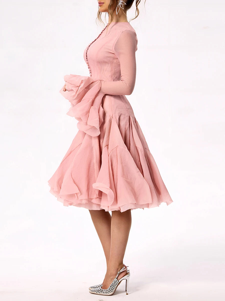 Women's Dress™ VGH Sweet Ruffles Elegant Knee Length Round Neck Flare Sleeve High Waist Spliced Button Dress