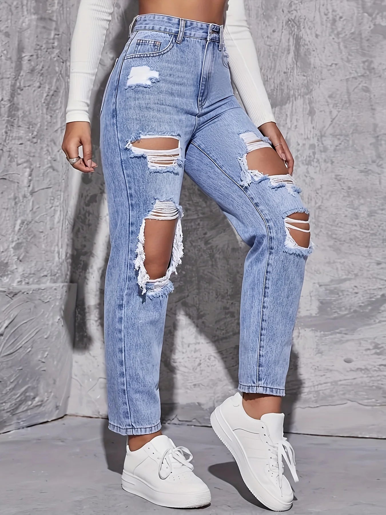 Women's Retro Hole-punched Jeans™ High Waist Straight Loose Slim Dragging Pants