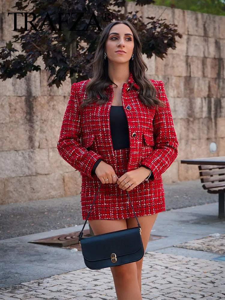 Women's Skirt Suit™ TRAFZA Single Breasted Lapel Jacket Side Zipper Shorts Skirts Outfit Set