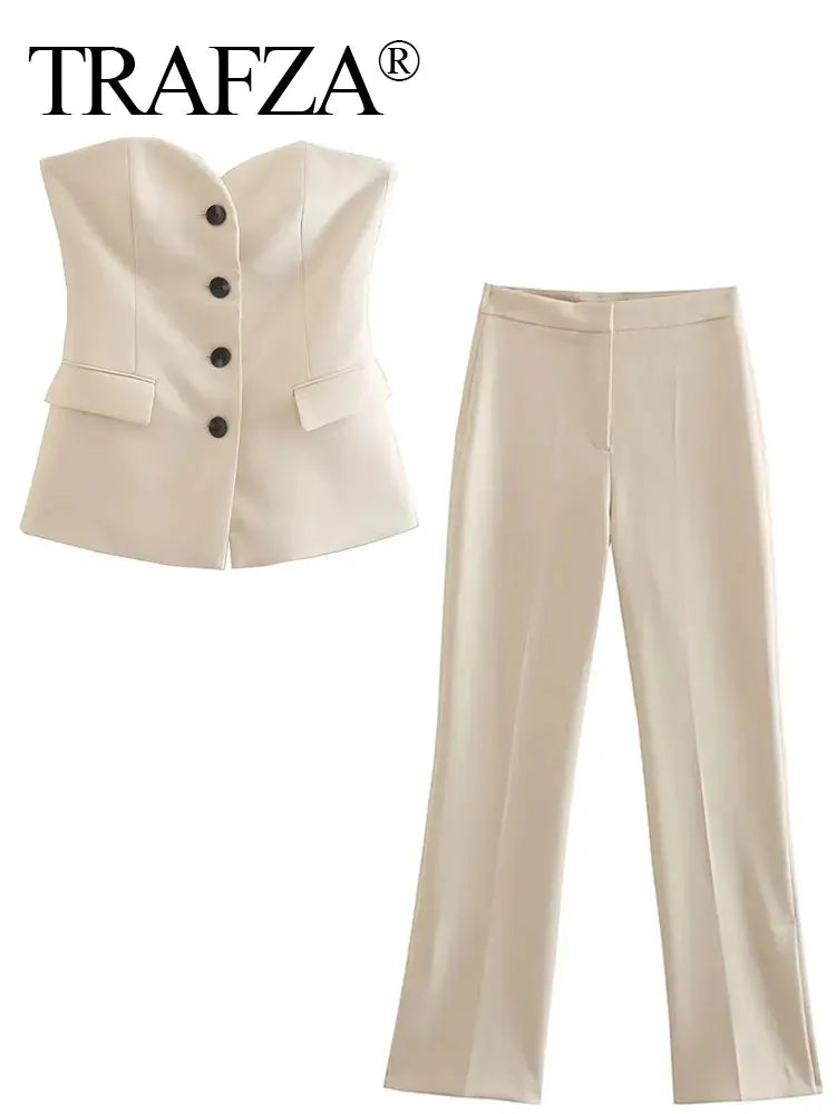 Women's TRAFZA Summer Suit™ Front Button Strapless Tank Tops + Side Slit Trouser Sets
