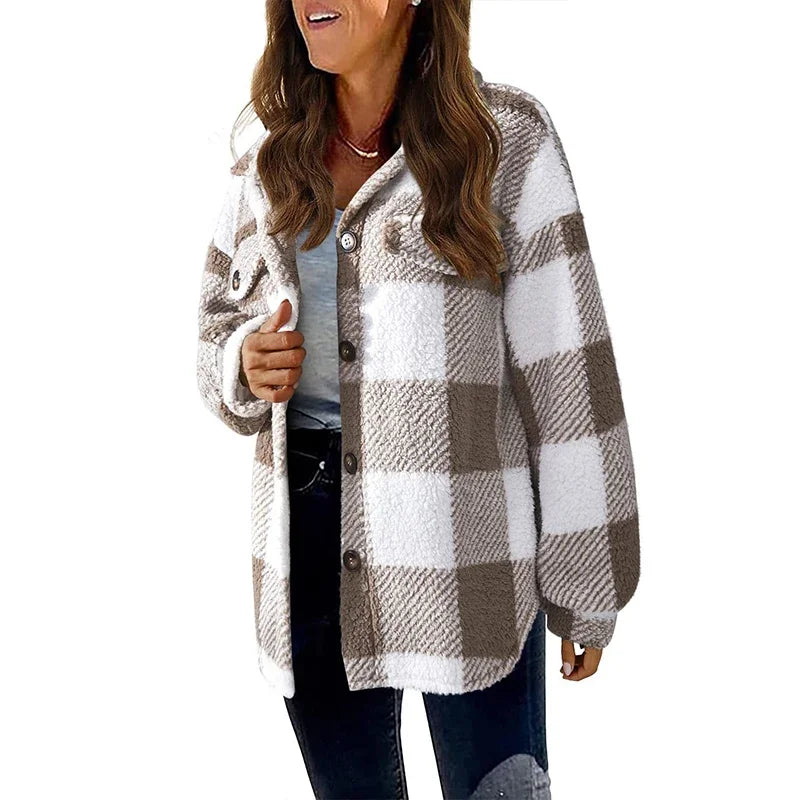 Women's Plaid Pattern Plush Coat™ Cardigan Fashion Loose Long Sleeve Jacket