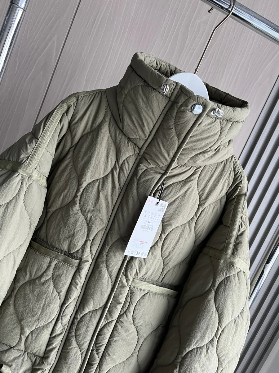 Women's Quilted Coat™ drawstring ties high neck pocket clip cotton jacket for women