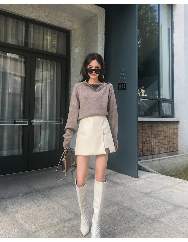 Women's Mini Dress™ Fashionable Zippered Pu Leather Slimming High-waisted A- line Skirt