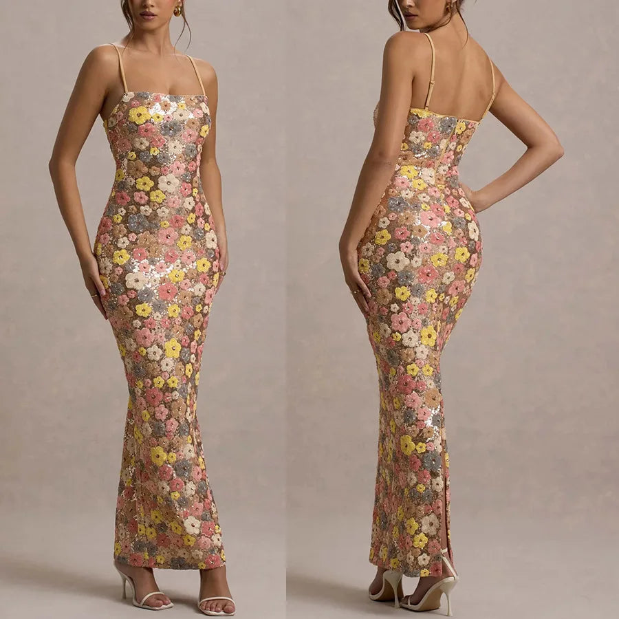 Women's Flowers Sequin Patchwork Slim Long Dress™ Strapless Sexy Sleeveless Dress