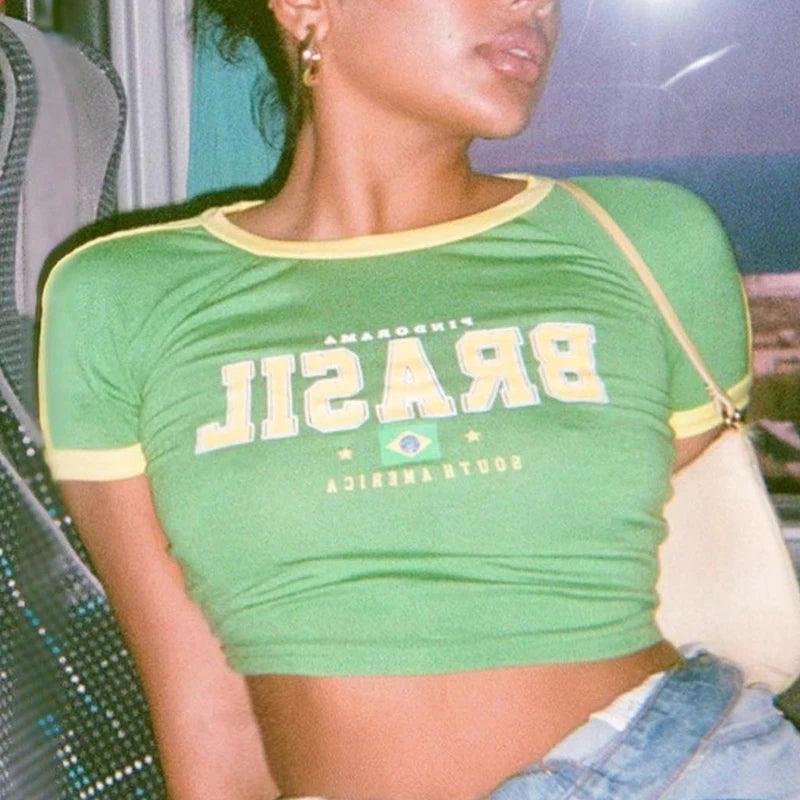 Women's Summer T-Shirt™ Retro Street Aesthetic Green Brazil Letters Print Crop Tops