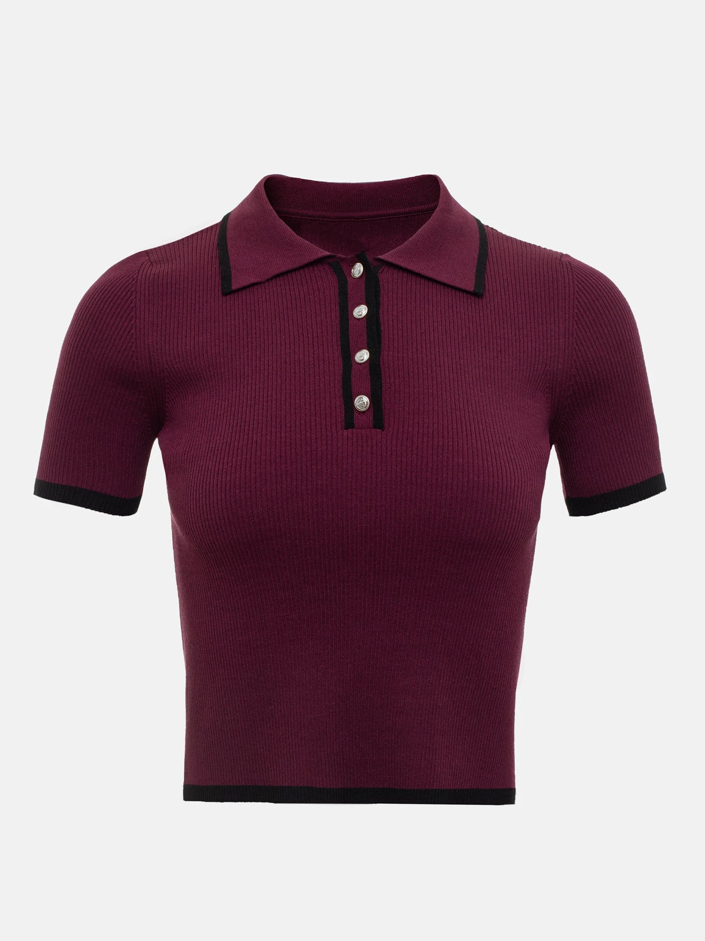 Women's Summer Knit Tops™ Short Sleeve Patchwork Slim Lapel Ribbed Tees