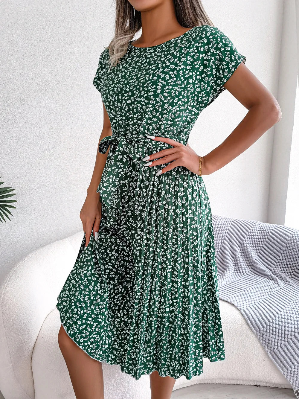 Women Dresses™ Spring Summer Short Sleeve High Waist Floral Pleated A Line Long Dress