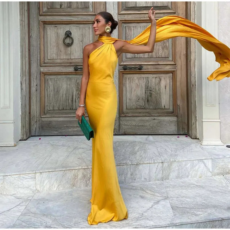 Women's Solid Ribbon Halter Dress™ Off Shoulder Sleeveless Backless Slim Maxi Dresses