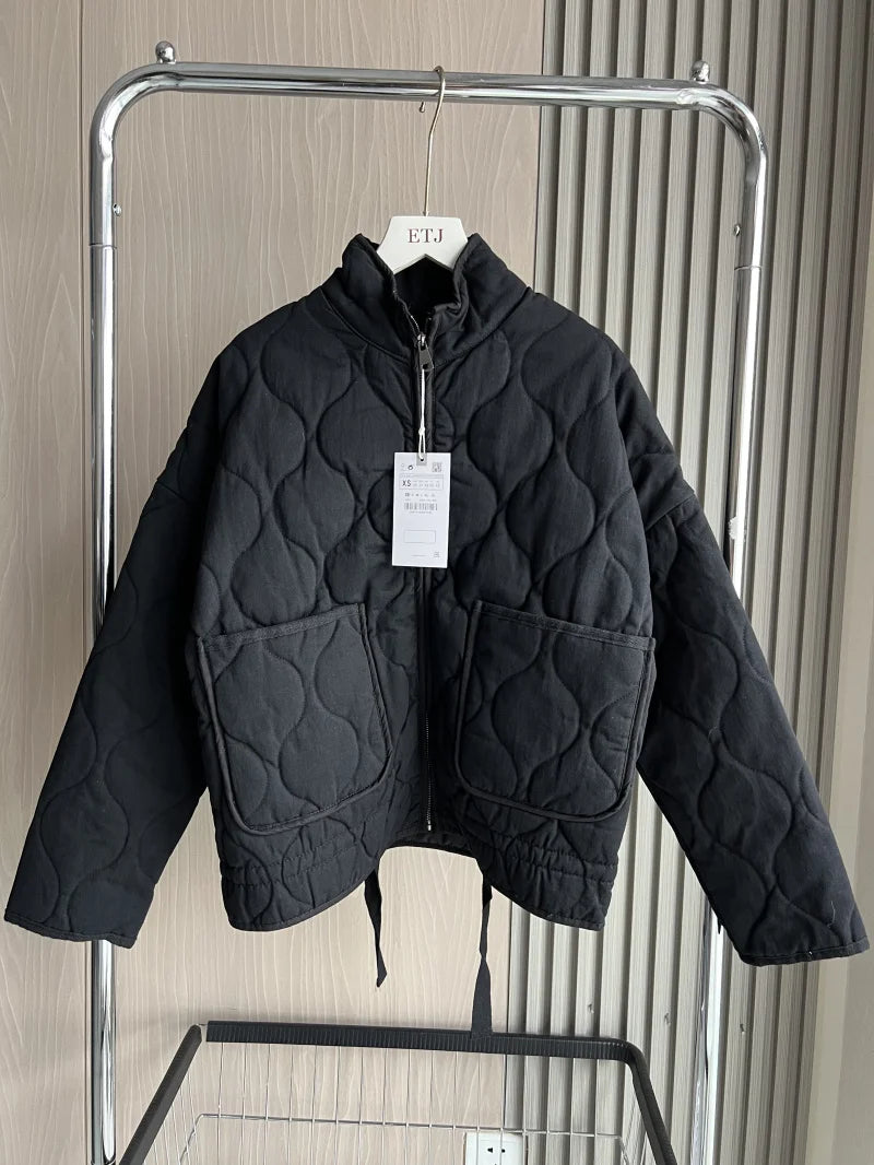 ZW Women's Cotton Jacket™ Traf New Arrival Vintage Lensing Rayon High Collar Large Pocket Quilted Coat