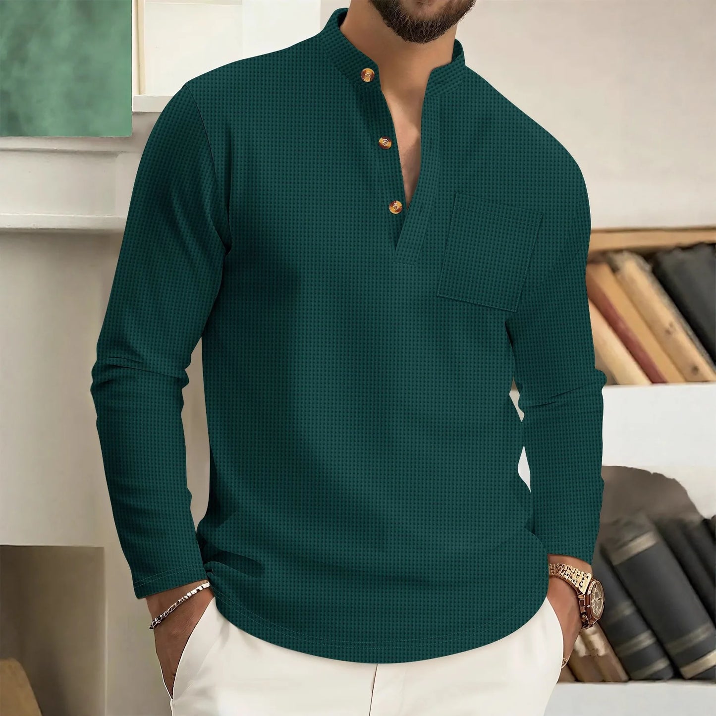 Men's casual waffle check long-sleeved shirt™ stand-up collar button semi-cardigan
