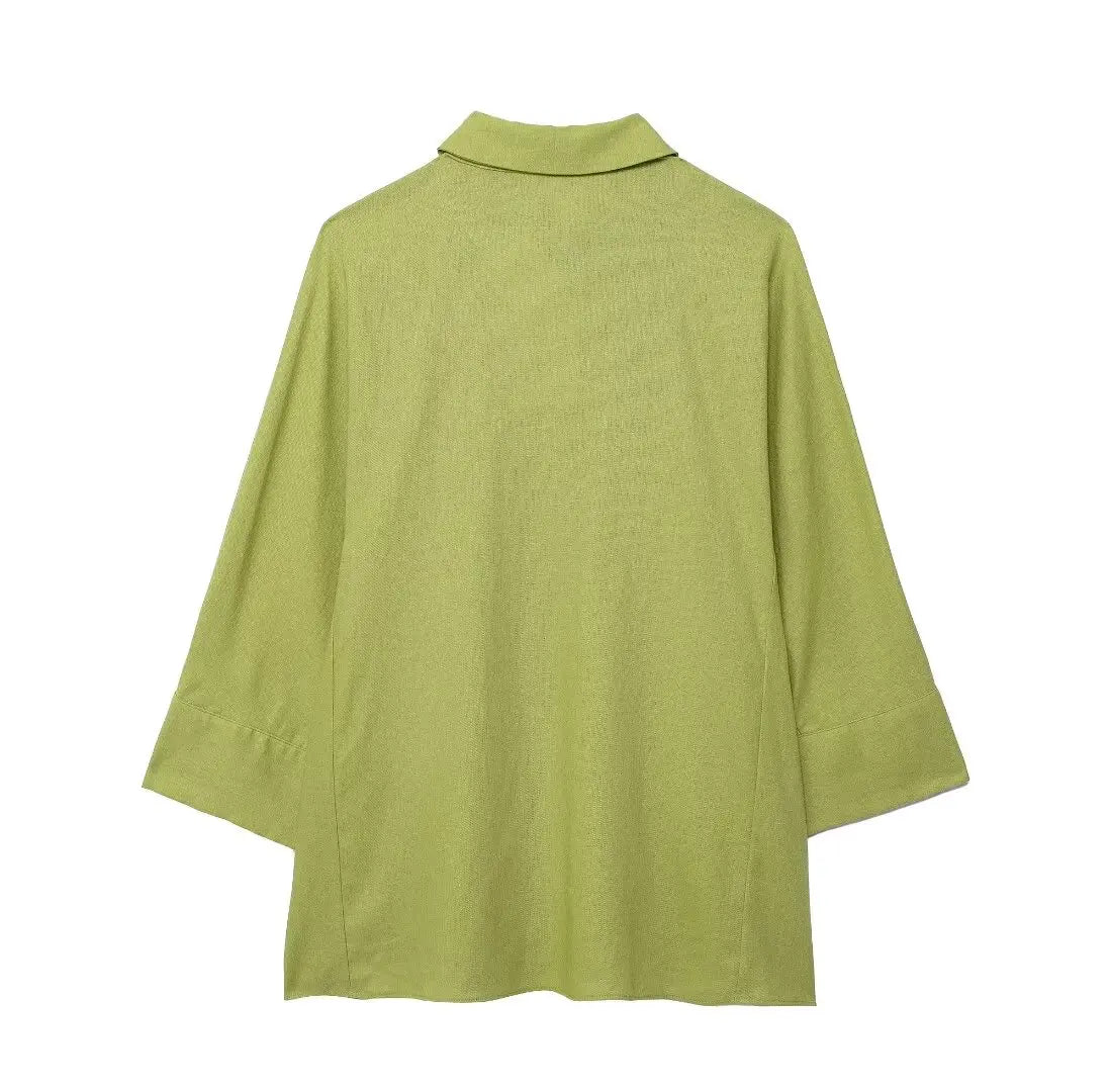 Woman's 2 Piece Set™ TRAFZA Elastic Waist Pocket Folds Decorate Wide Leg Pants Solid Single-Breasted Slit Hem Blouse Top