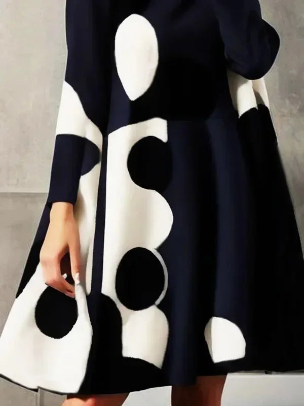 Women's Black White Polka Dot Dress™ Lemongor Fashion Long Sleeves High-neck A-Line Party Dress