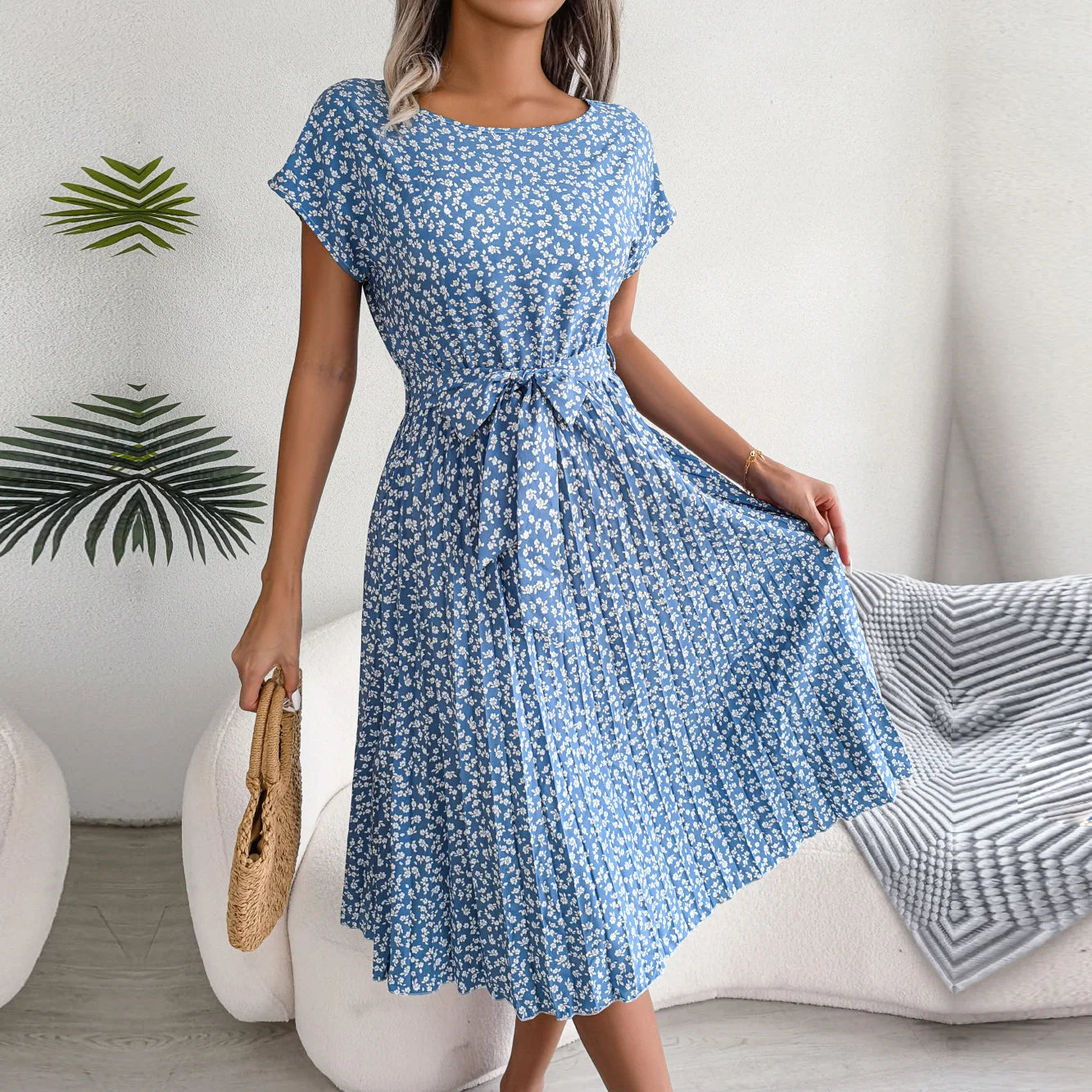 Women Dresses™ Spring Summer Short Sleeve High Waist Floral Pleated A Line Long Dress