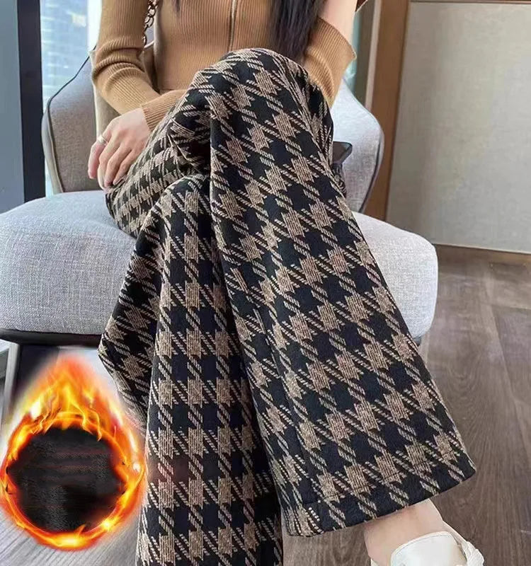ITOOLIN Women's Plaid Tweed Pants™ Thicken Velvet Warm Wide Leg High Waist Pants
