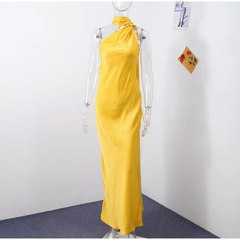 Women's Solid Ribbon Halter Dress™ Off Shoulder Sleeveless Backless Slim Maxi Dresses