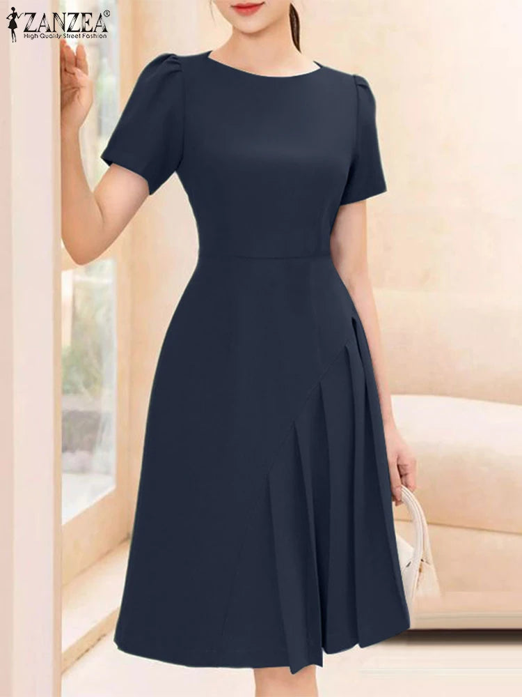 Women's ZANZEA Summer Elegant OL Work Dress™ Short Sleeve A Line Solid Pleated Dresses