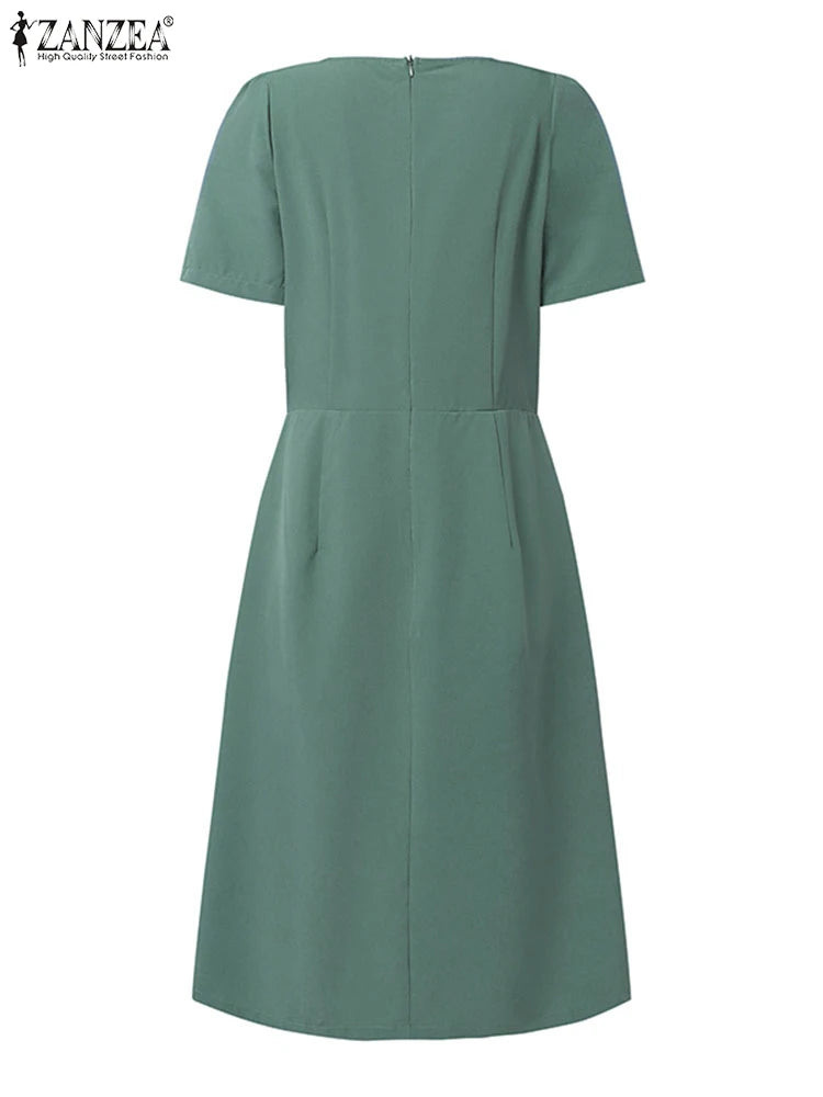 Women's ZANZEA Summer Elegant OL Work Dress™ Short Sleeve A Line Solid Pleated Dresses