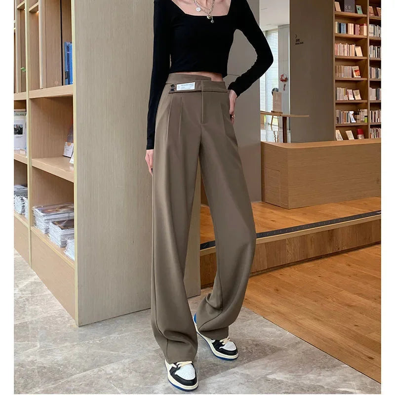 Women's High-Waisted Draped Bell Bottom Trousers™ Loose-Fit Floor-Length Straight-Leg Pants