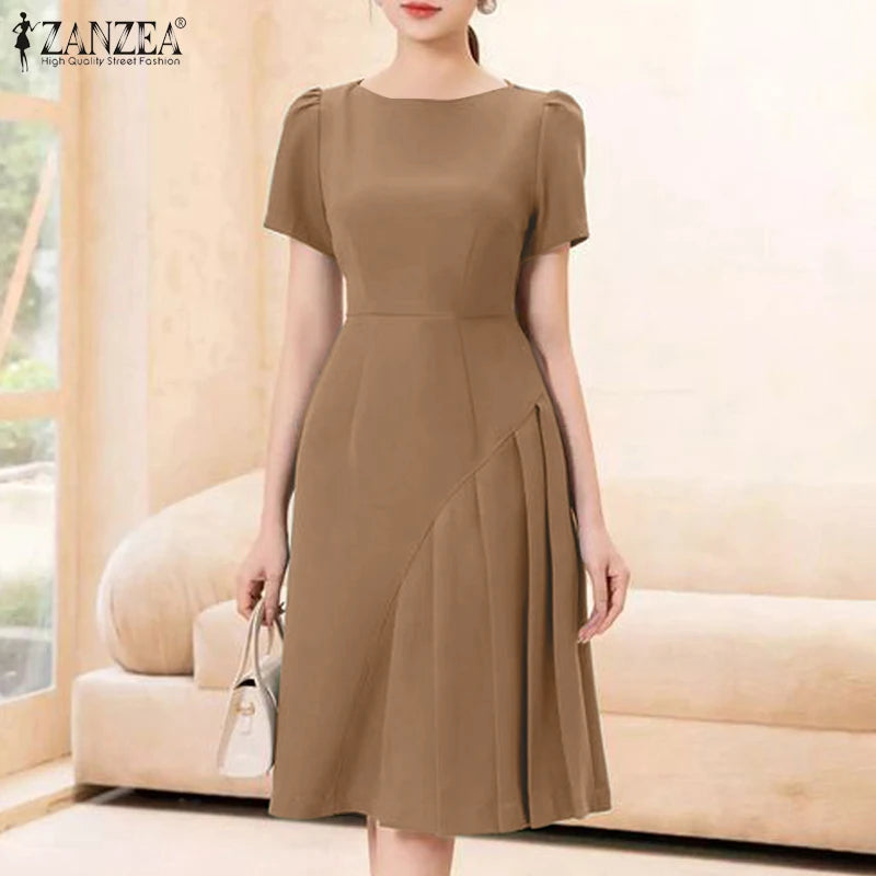 Women's ZANZEA Summer Elegant OL Work Dress™ Short Sleeve A Line Solid Pleated Dresses