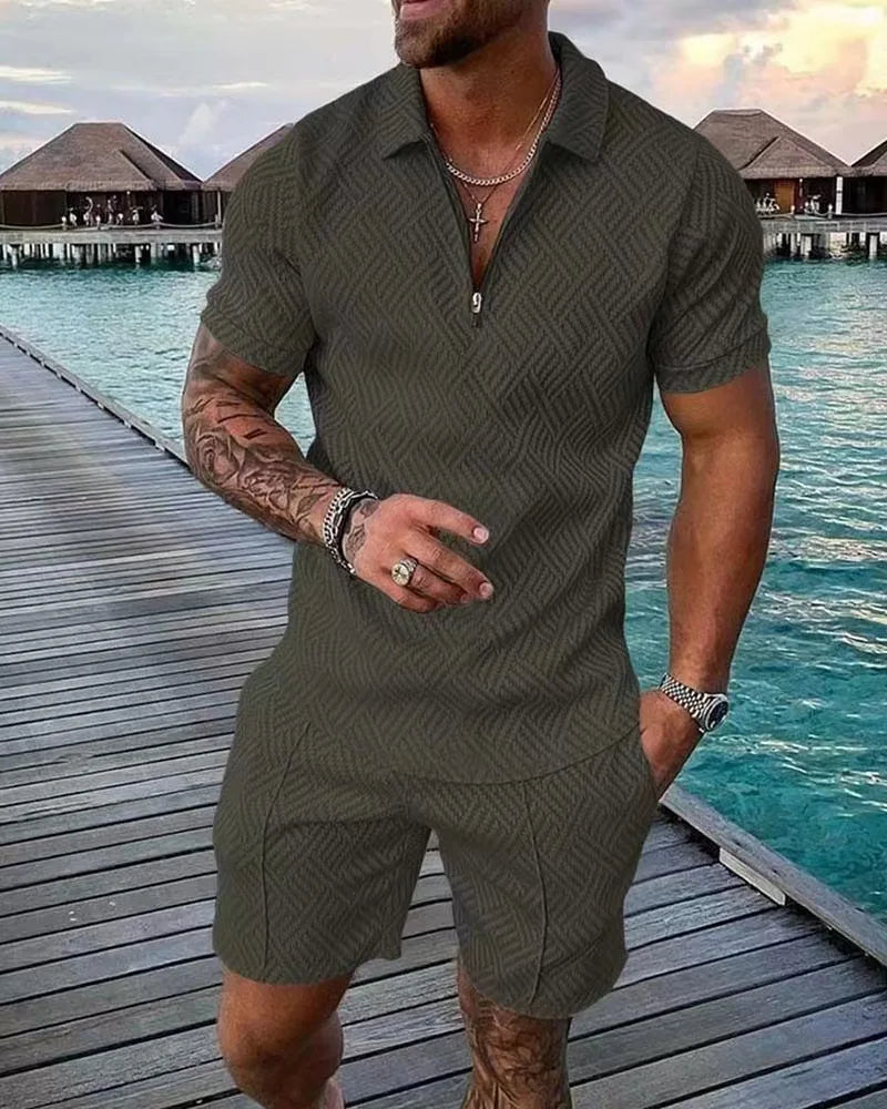 Men's Shorts Set™ Short Sleeve Zip Polo Shirt Street T-shirt Two Piece Casual Sportswear