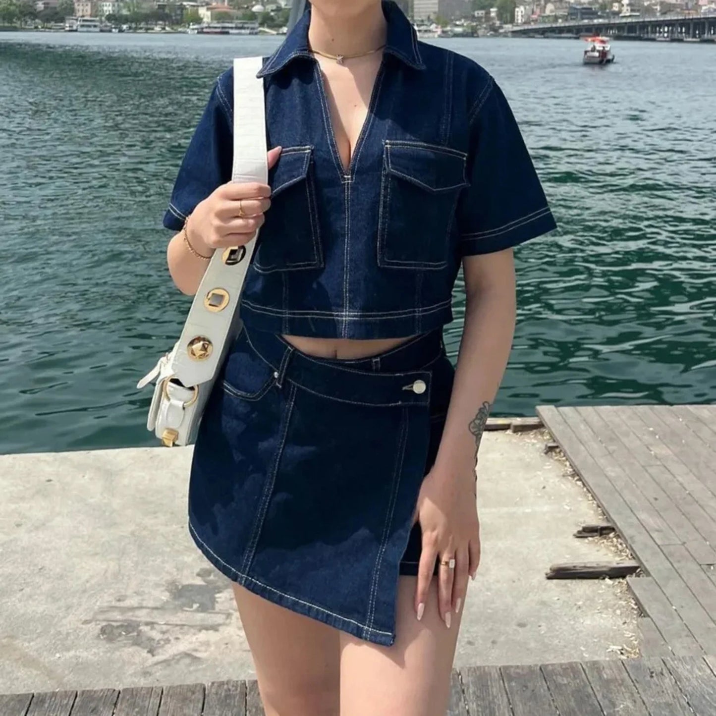 Women's Denim 2 Piece Set™ Short Sleeve Jean Tunic Tops Irregular Hem Mini Skirt Shorts Set