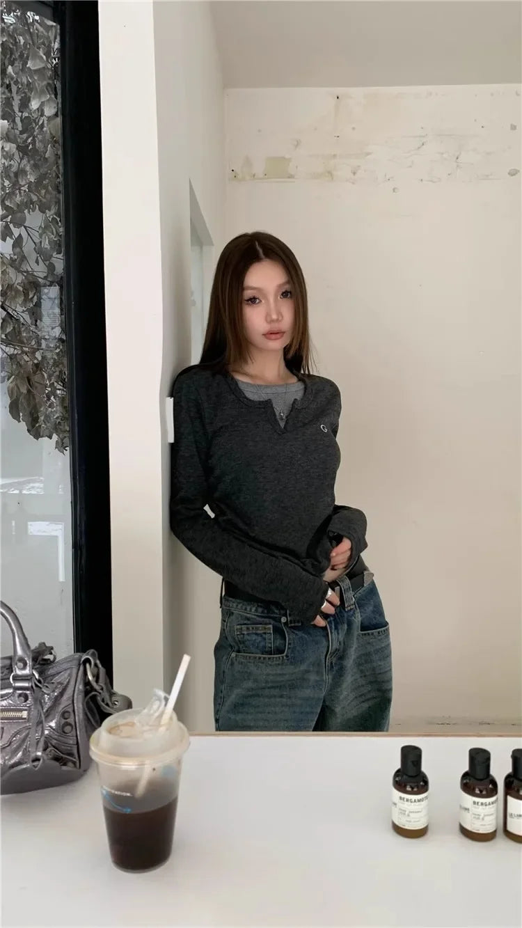 Women's T-Shirt™ Long Sleeves Korean Fashion Style O-neck Fake two items T-shirt