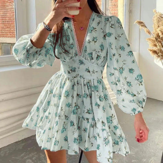Women's Floral Print Mini Dress™ High Waist A-Line Long Sleeve V Neck Dresses