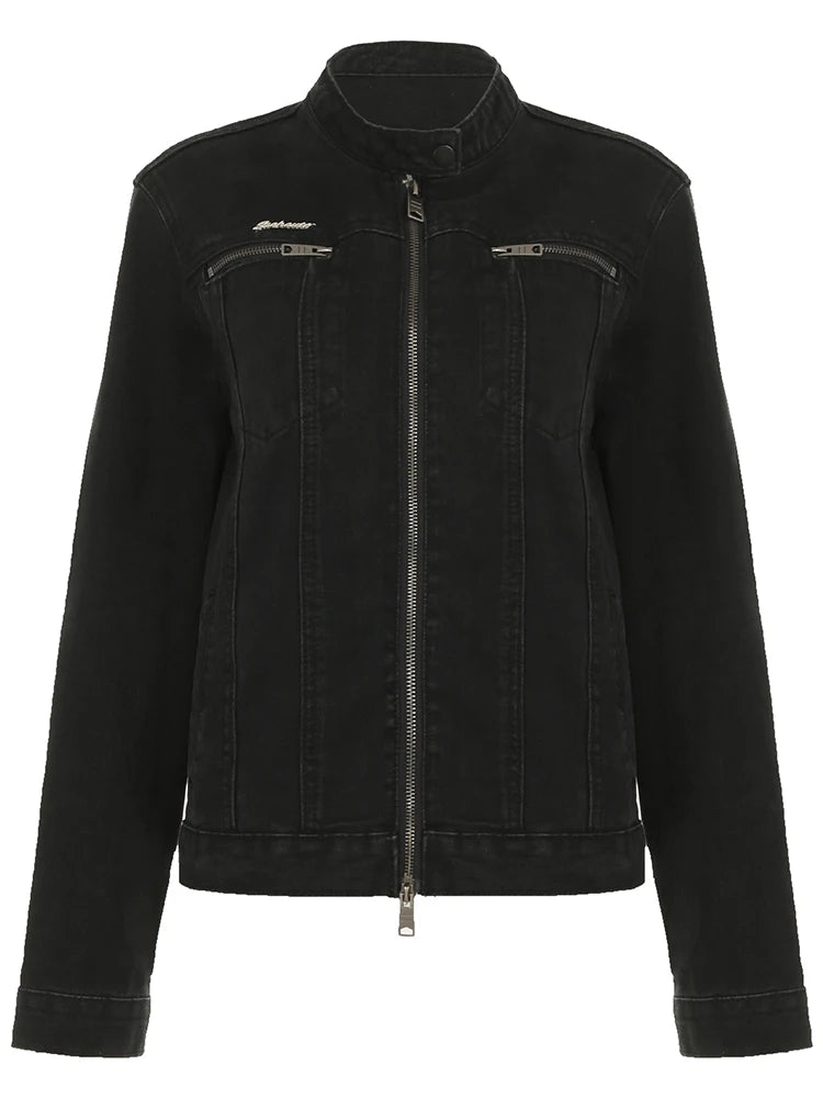 Rockmore Women's Double Zipper Denim Jackets™ Harajuku Cargo Style Casual Vintage Long Sleeve Jacket