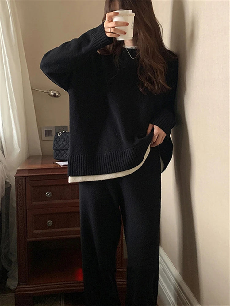 REALEFT Women's Knitted Tracksuit™ Patchwork O-Neck Sweater and Loose Wide Leg Pants Suits