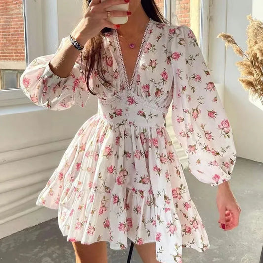 Women's Floral Print Mini Dress™ High Waist A-Line Long Sleeve V Neck Dresses