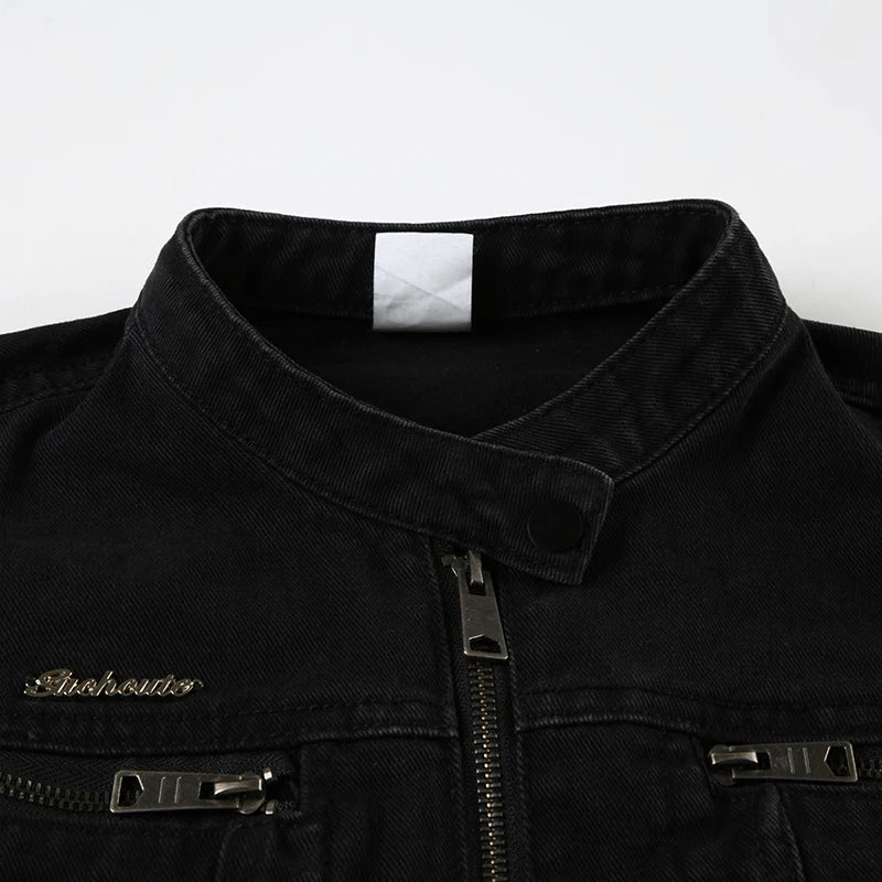 Rockmore Women's Double Zipper Denim Jackets™ Harajuku Cargo Style Casual Vintage Long Sleeve Jacket