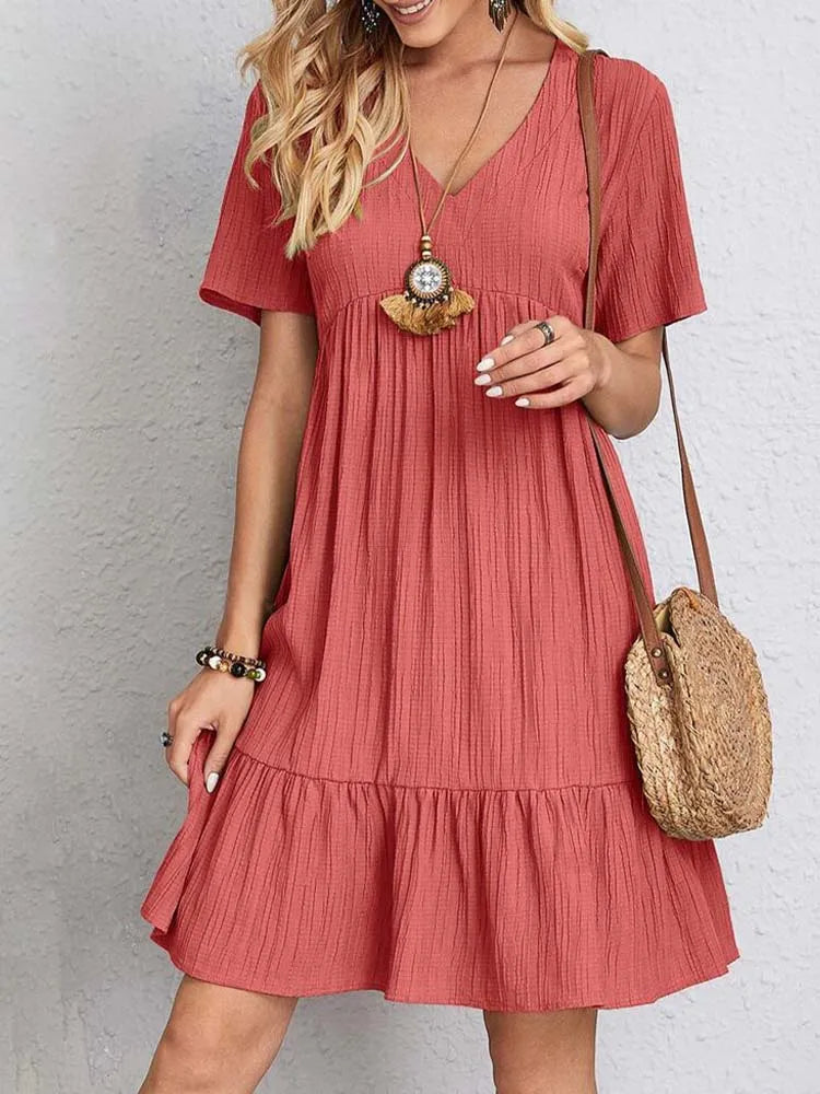 Women's Sexy Elegant V Neck Ruffles Mini Dress™ Summer Vintage Solid Loose Sundress