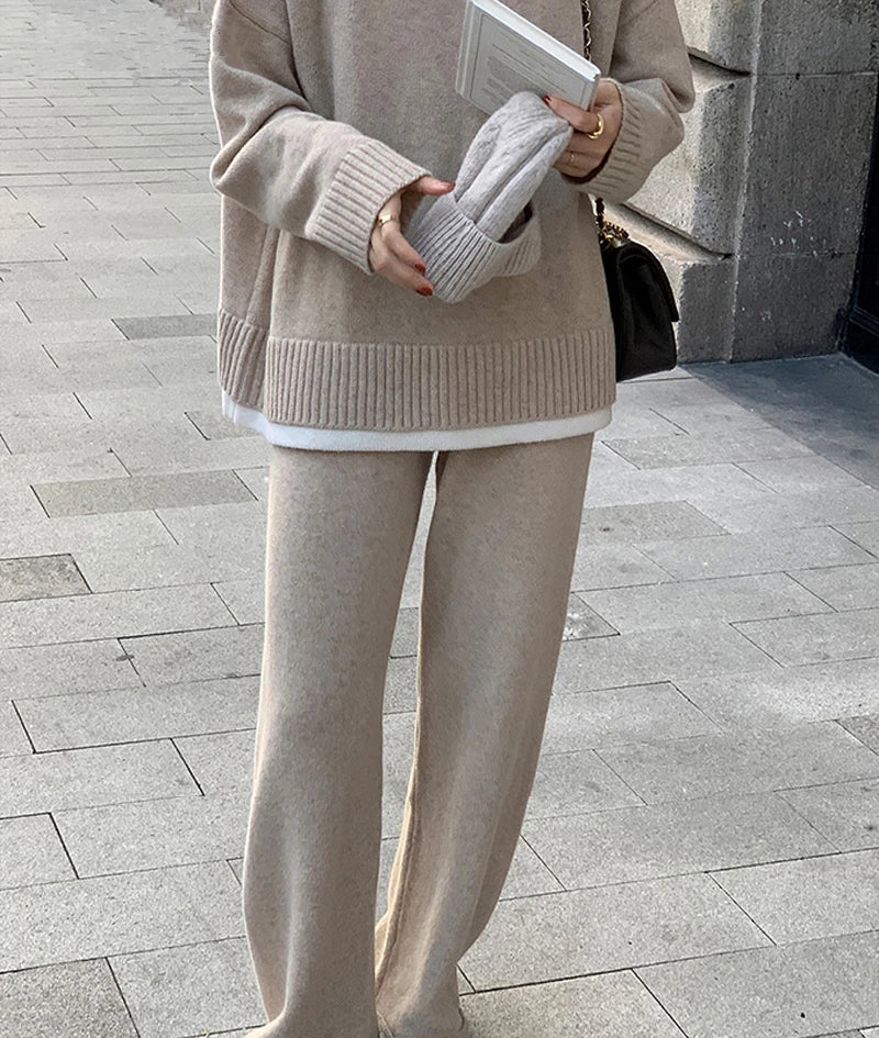 REALEFT Women's Knitted Tracksuit™ Patchwork O-Neck Sweater and Loose Wide Leg Pants Suits